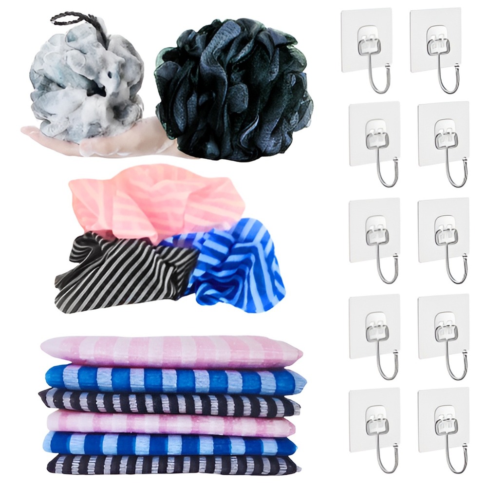 17 Pc- 6 Long Exfoliating Wash Cloths Back Scrubbers, 10 XL Wall Hooks NWOT